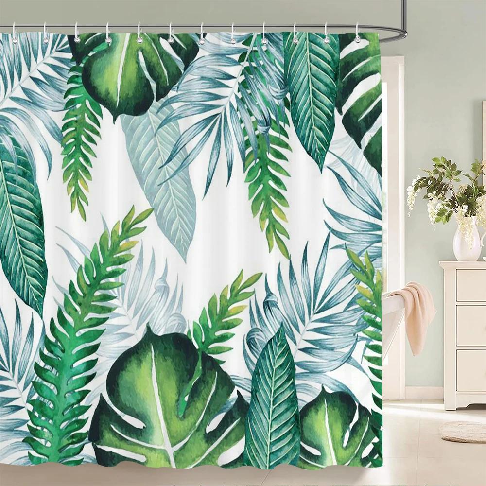 3D Badezimmervorhänge Tropische Grüne Blätter Pflanzen Monstera Druck Duschvorhang Heimdekoration Wasserdichter Stoff Badewannenvorhang