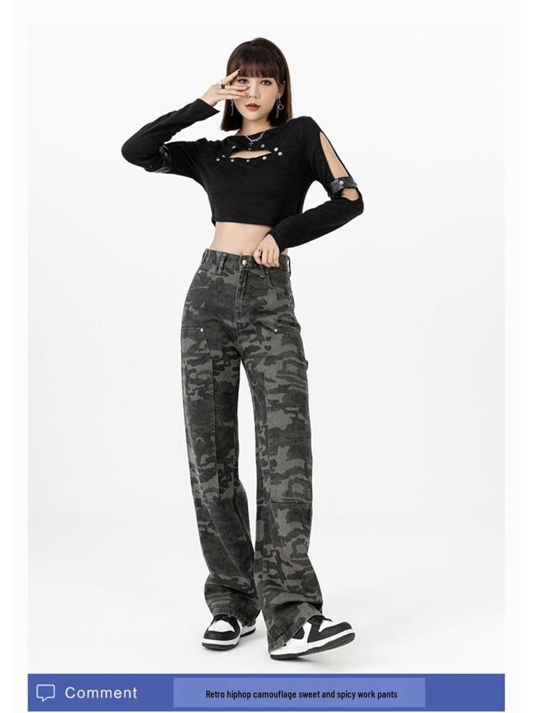 Dámské maskáčové cargo džíny s vysokým pasem - Hip hopový styl, široké nohavice, volný střih, plus size, plná délka.