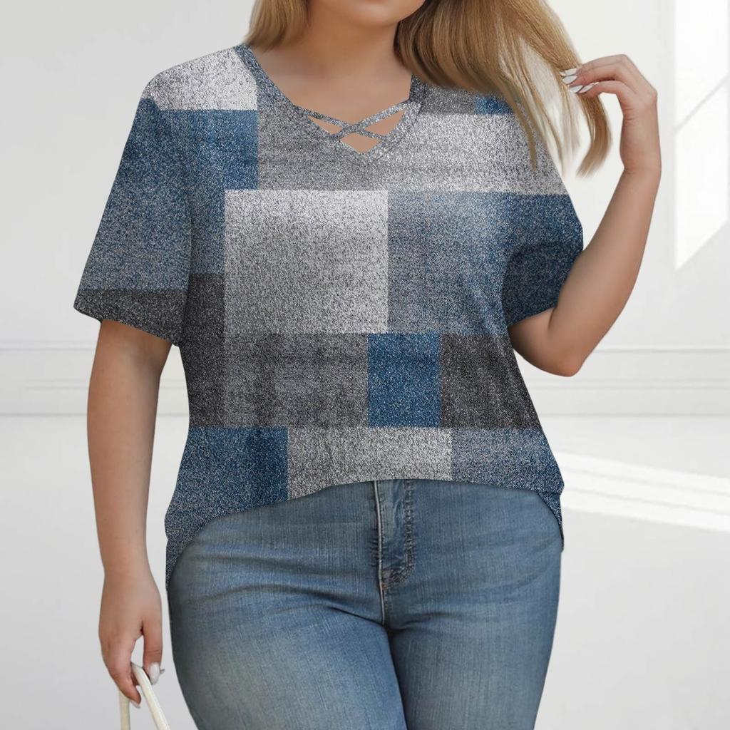 Women's Fashion Casual Solid Colour Stripe Printed V-Neck Short Sleeve Large Size T-Shirt Top