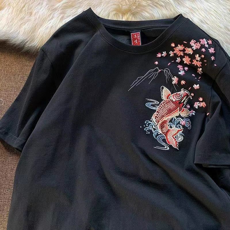 

Весенне-летняя национальная приливная хлопковая футболка в китайском стиле с вышивкой карпа и короткими рукавами, свободная мужская и женская пара, большой размер-300 кошачьих L чёрный