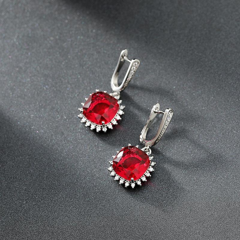 BELLA BOX New Temperament Fashion Square Simulation Red Tourmaline Gemstone Color Treasure Buckle Earrings Women's Daily Commute Jewelry