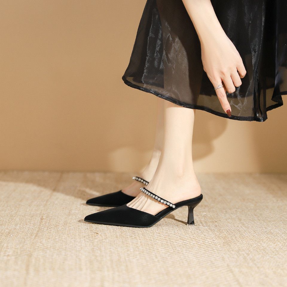 2025 New Summer Women's Rhinestones Shallow Mouth Pointed Head High Heel Single Black Sexy Bag Head Rear Empty Half Drag One-word Belt