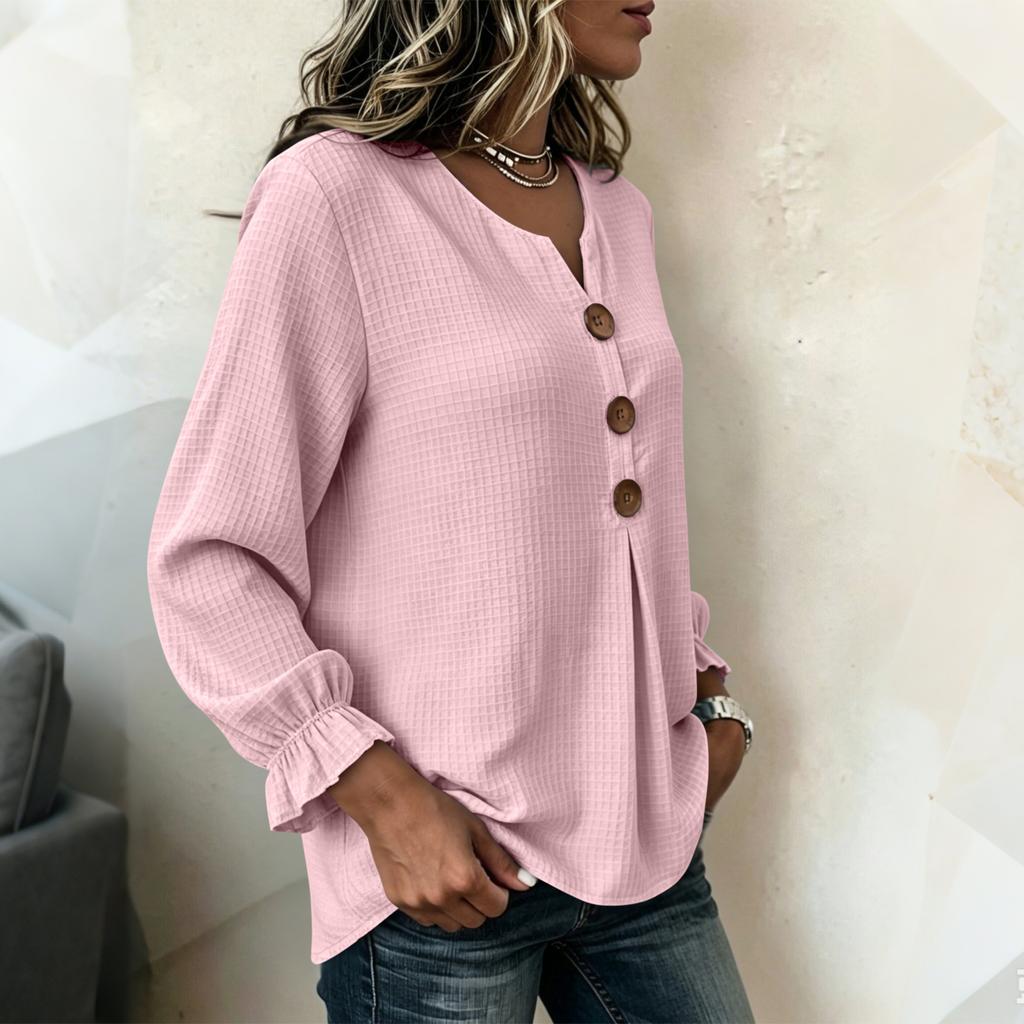 Women's Knit V-Neck Top with Ruffled Sleeves, Loose Flattering Fit