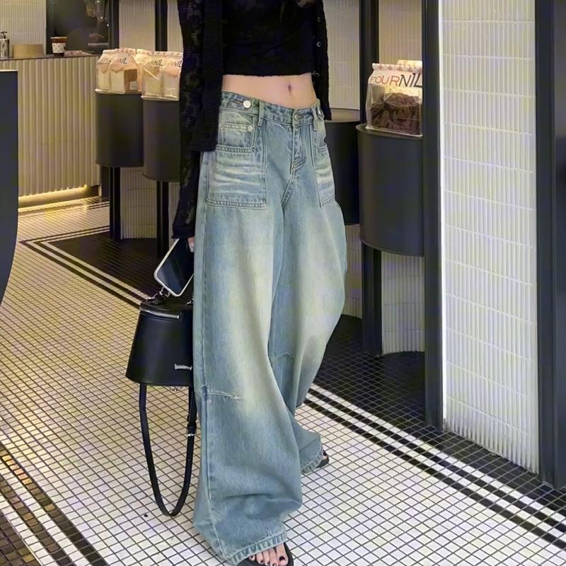 

Женские джинсы с высокой талией, в стиле ретро, с потертостями, широкие штанины - стройнящие, длиной до пола, свободного кроя S [Recommended for 42-48kg]