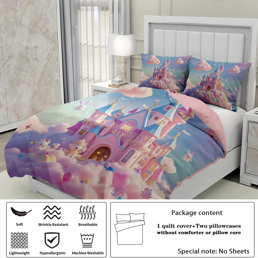 3pcs Pink Castle in The Sky Pattern Print Duvet Cover Set, Soft,comfortable and Breathable,for Bedroom,Hotel,Best Gift for Girls