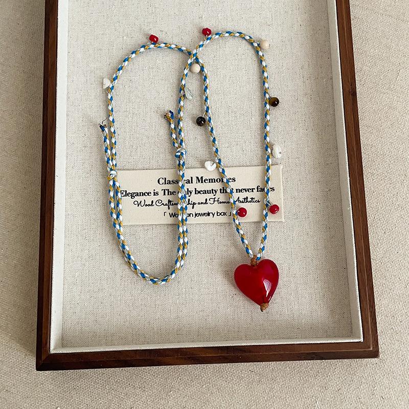 Handcrafted Red Resin Heart Bead Pendant Necklaces For Women Wide Mixed Color Adjustable Rope Sweater Chain Choker Wholesale