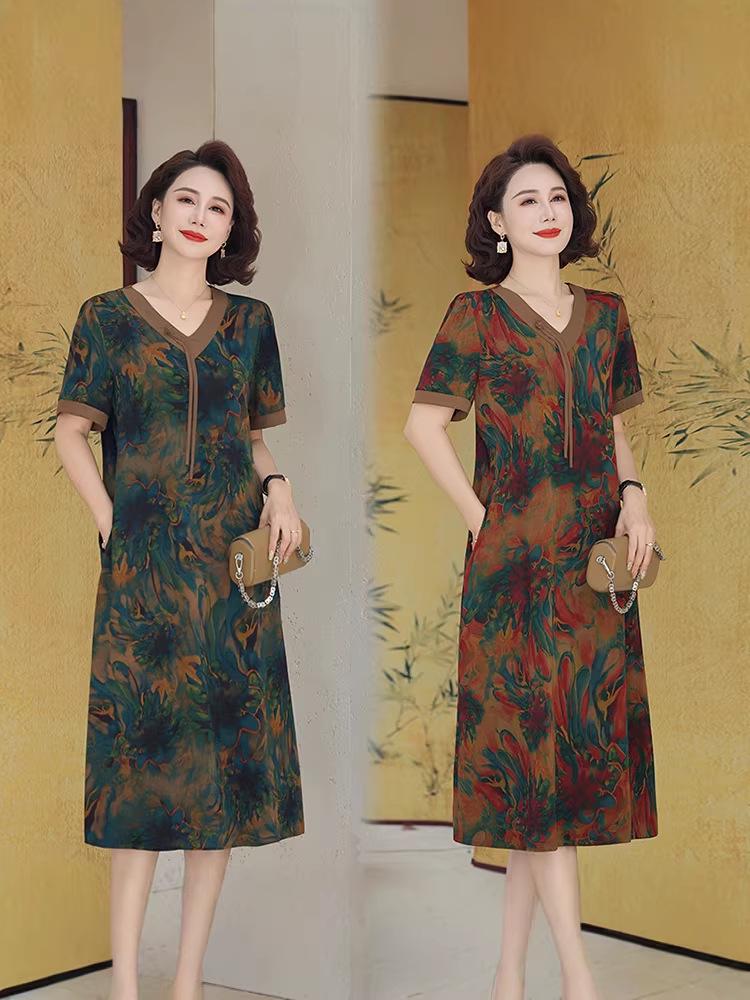 Elegant Short Sleeve Plus Size Summer Dress for Middle-Aged and Elderly Women