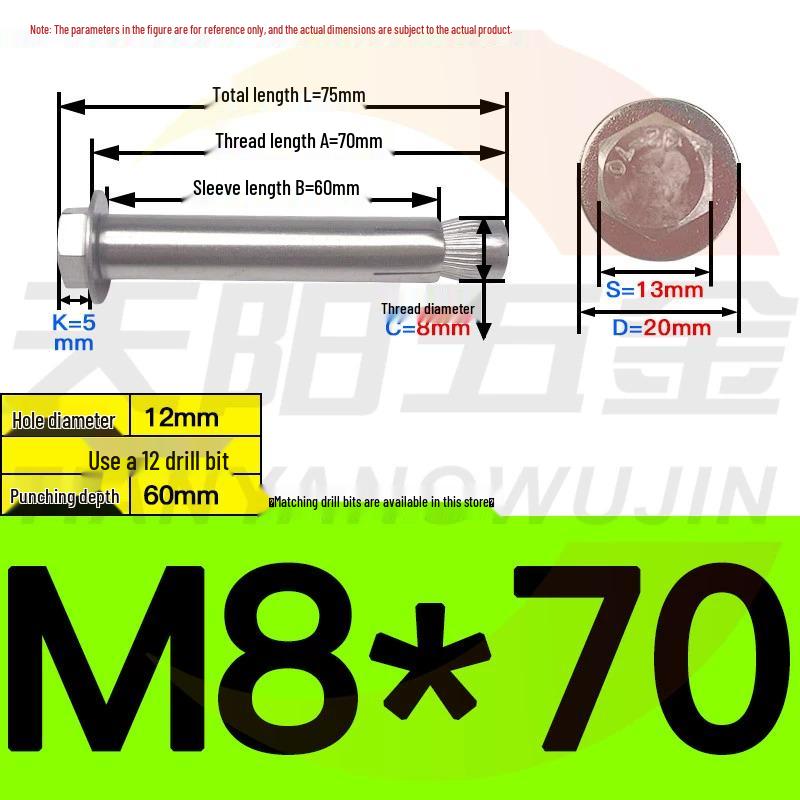 304/201 Stainless Steel Hex Internal Expansion Bolt, Sizes: M6, M8, M10, M12, Length: 70mm