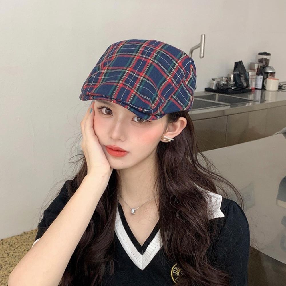 Cotton British Forward Hat Retro Women Artist Hat Simple Plaid Beret Cap Ladies