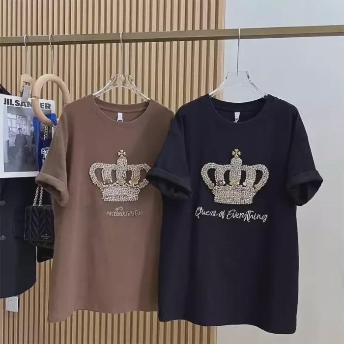 

Літня футболка великого розміру з вишивкою корони та коротким рукавом – Жіночий топ вільного крою, що омолоджує 3XL