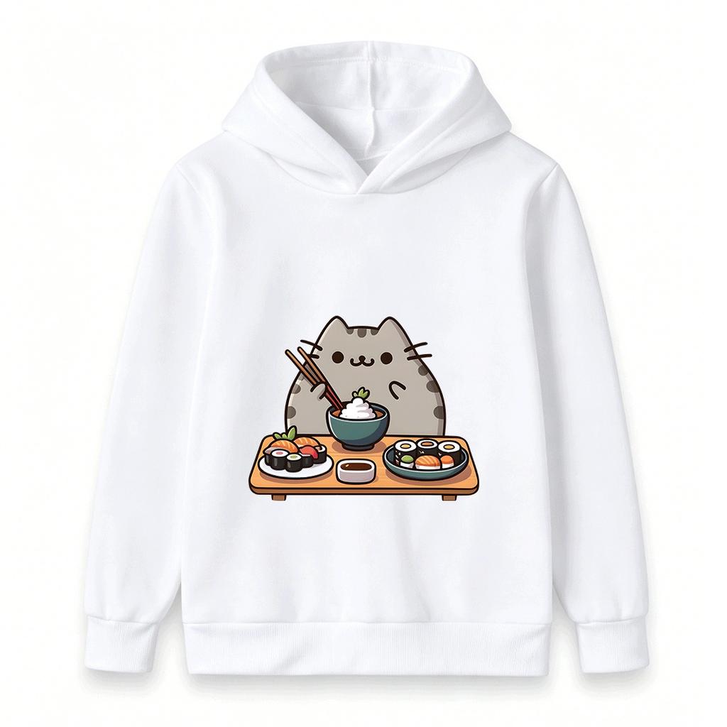 Kids Boys Girls Hooded Pullover Sweatshirt Cute Cartoon Cat Sushi Pattern Casual Soft Pullover Top for Daily Wear Gift for Sushi Lovers