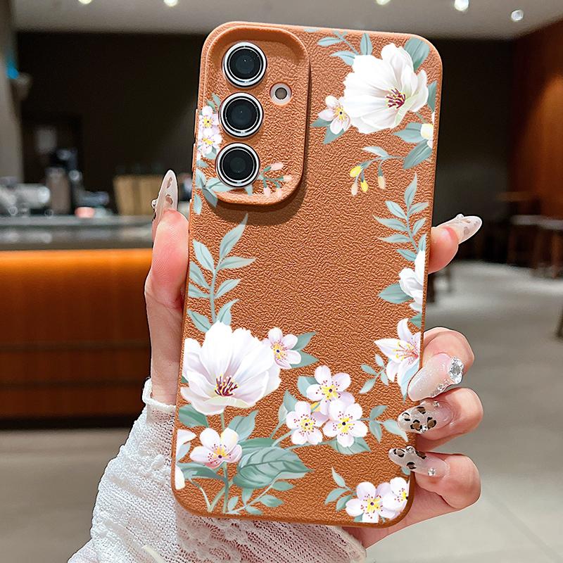 Flowers Case For Samsung Galaxy A56 A55 A54 A16 A36 A25 A15 A34 5G S25 S24 S23 Ultra Plus S24 FE Leather Texture Silicone Cover