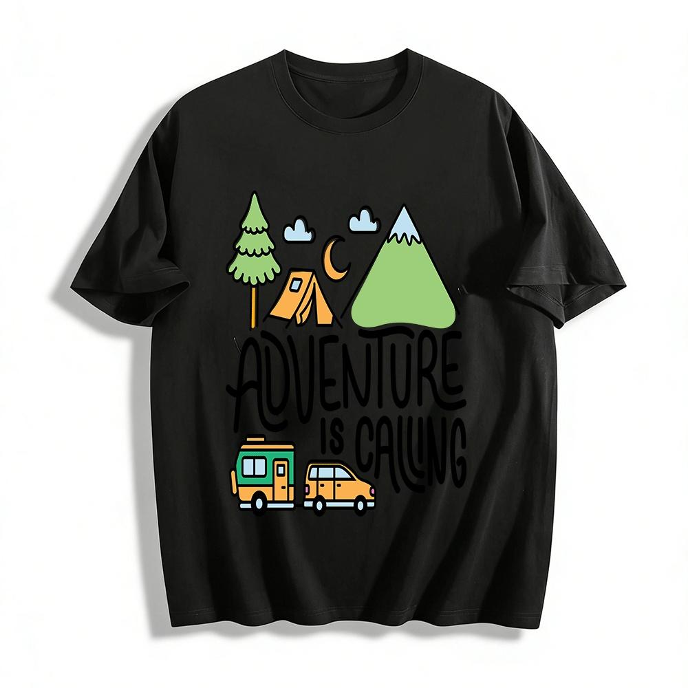 Adventure Is Calling Camping Themed Graphic Casual Tee Pure cotton T-shirt XXS