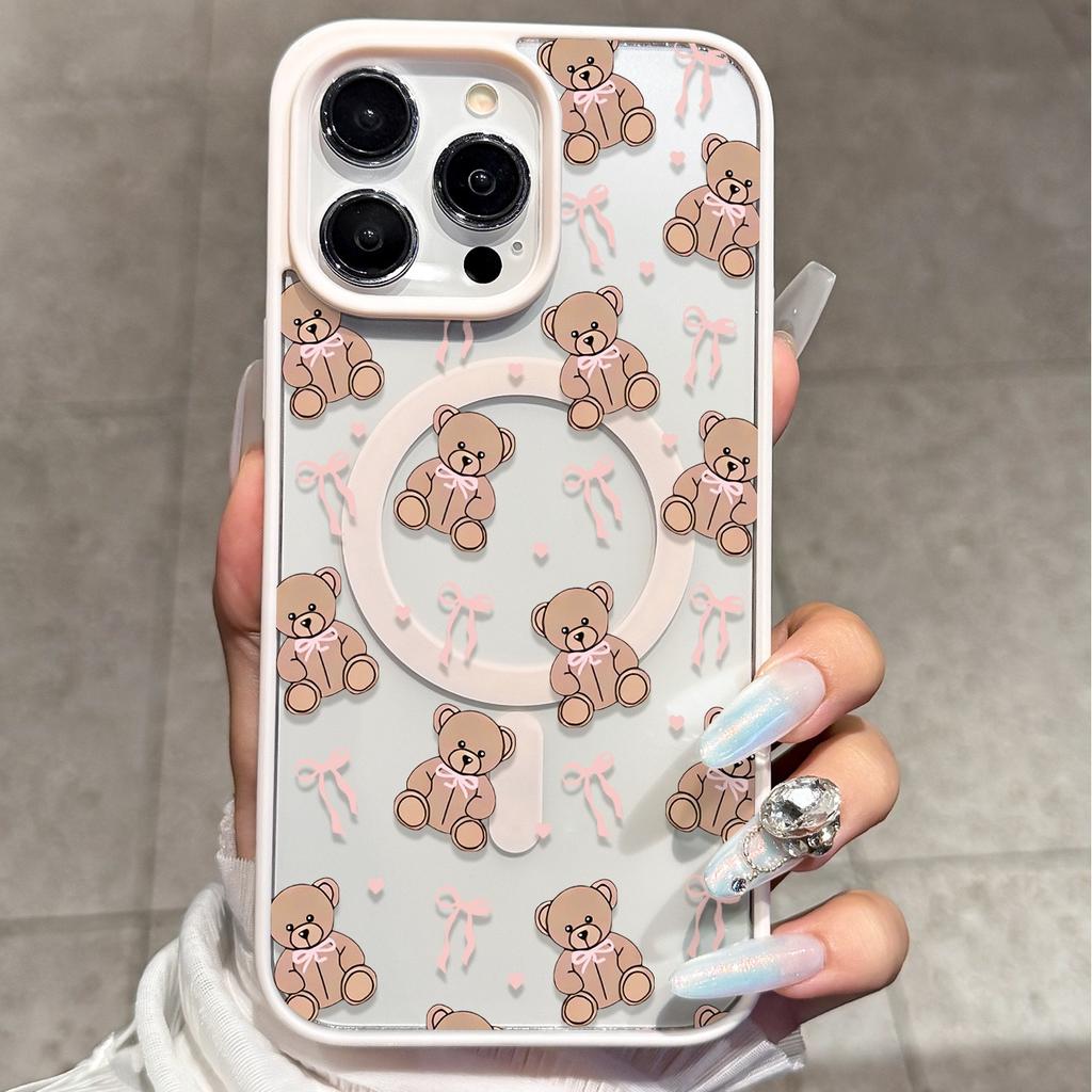Cute Bear Bow Heart Phone Case For iPhone 17 Pro Max 16 Plus 15 14 13 12 16E 17 Air For Magsafe Wireless Charging Magnetic Cover