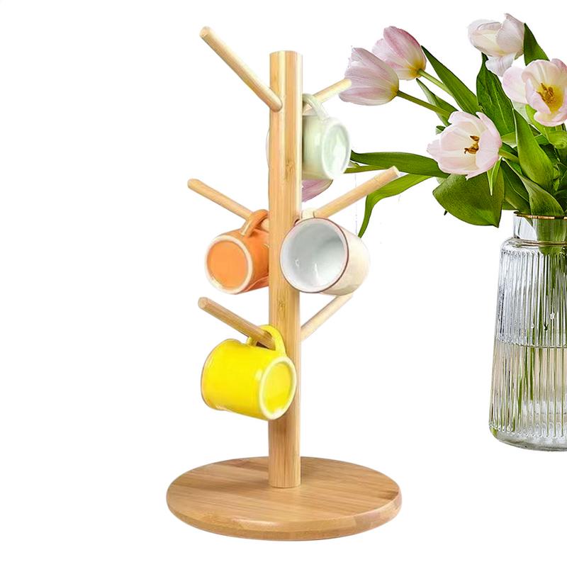 Wood Mug Holder 6 Hook Coffee Mug Tree Holder Mug Hanging Display Rack Drinkware Shelf Tea Cup Storage Holder Stand Kitchen