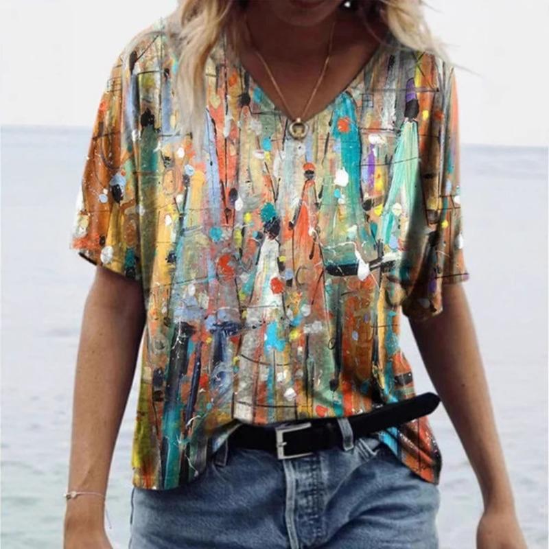 

Цифровая 3D-печатная женская футболка с короткими рукавами, летние футболки с принтом тай-дай с V-образным вырезом и фирменной базой для женщин 5xl