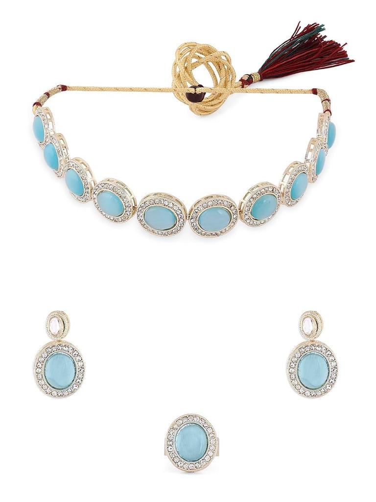 Tyrkysově modrý kočičí oko Rakouské diamanty a kameny Choker náhrdelník Náušnice a prsten Set pro ženy
