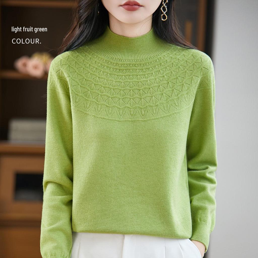Women's Seamless Half-Openwork Knit Sweater - 2025 Autumn/Winter Collection, One-Piece Base Layer with Half-High Collar