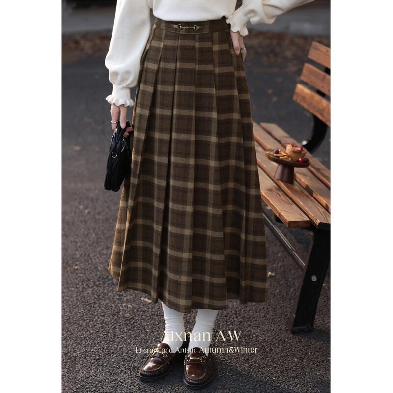 Luxiangnan Women's Elegant Plaid Midi Skirt