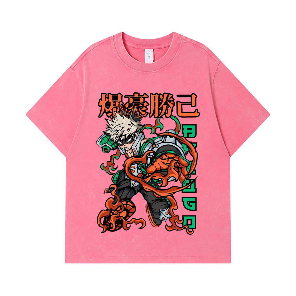 275 GSM Washed T-shirts 100% Cotton My Hero Academia V14 Bakugo Print Unisex Heavy Cotton T Shirt