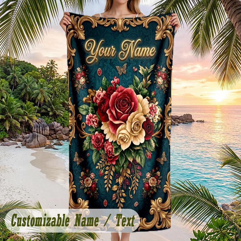 Floral Elegance Birds Theme Quick Dry Beach Towel Custom Name Text Print Large Sand Resistant Towel Beach Vacation