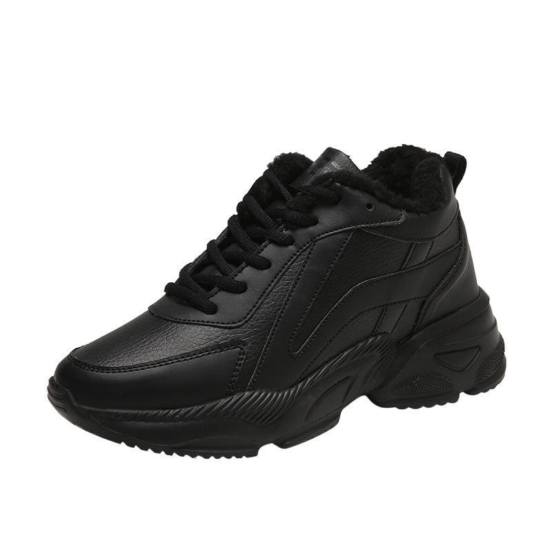 Winter black women's shoes velvet warm cotton shoes women's leather waterproof casual shoes lightweight non-slip thick-soled dad shoes tide