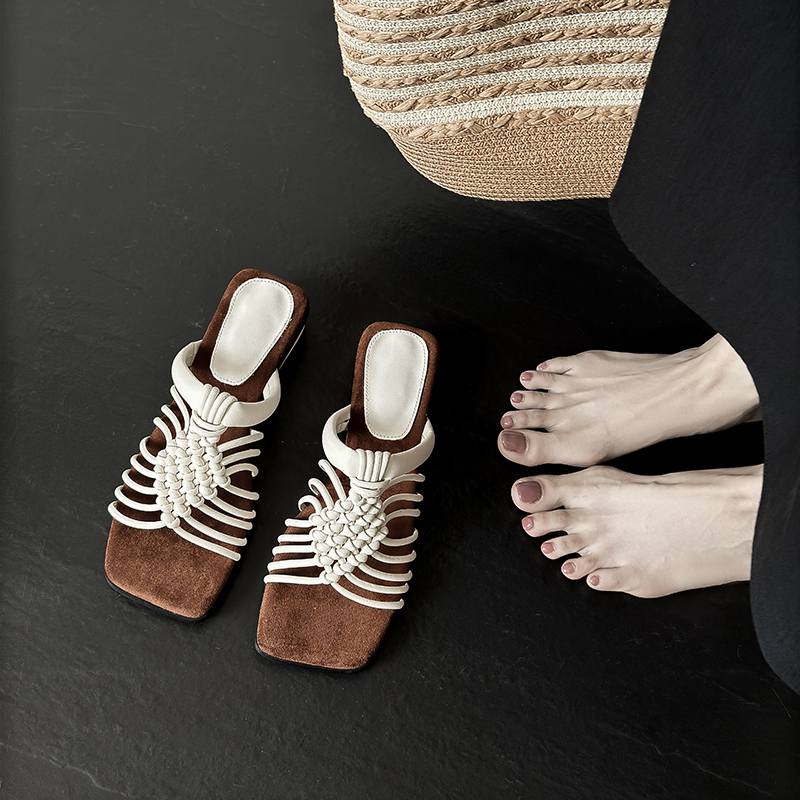 Krazing Pot Straw Weaving Summer Size 40 High Quality Slip on French Chic Thick Heels Women Peep Toe Sandals