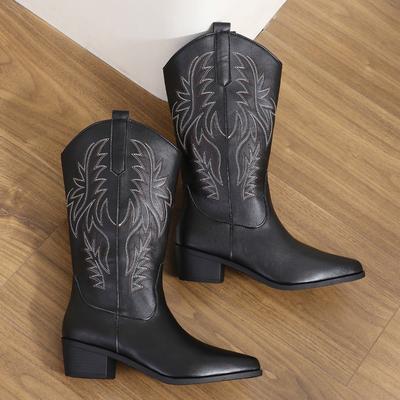 Women's Mid-calf Boots High Quality Casual Leather Boot Pointed Embroidered Western Cowboy Boots for Women Vintage Knight Boots