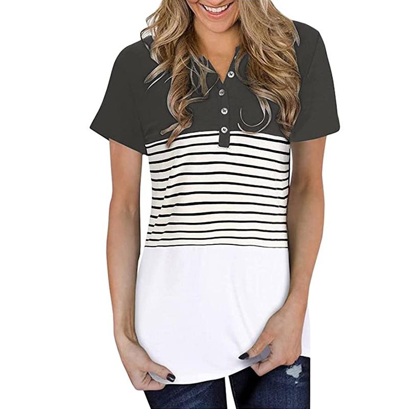 Cheap Womens Buttons V Neck Striped T Shirts Casual Loose Short Sleeve