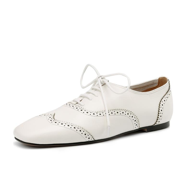 Женские маленькие белые туфли на плоской подошве, весенние удобные туфли оверсайз из натуральной кожи с резьбой на шнуровке 34 белый