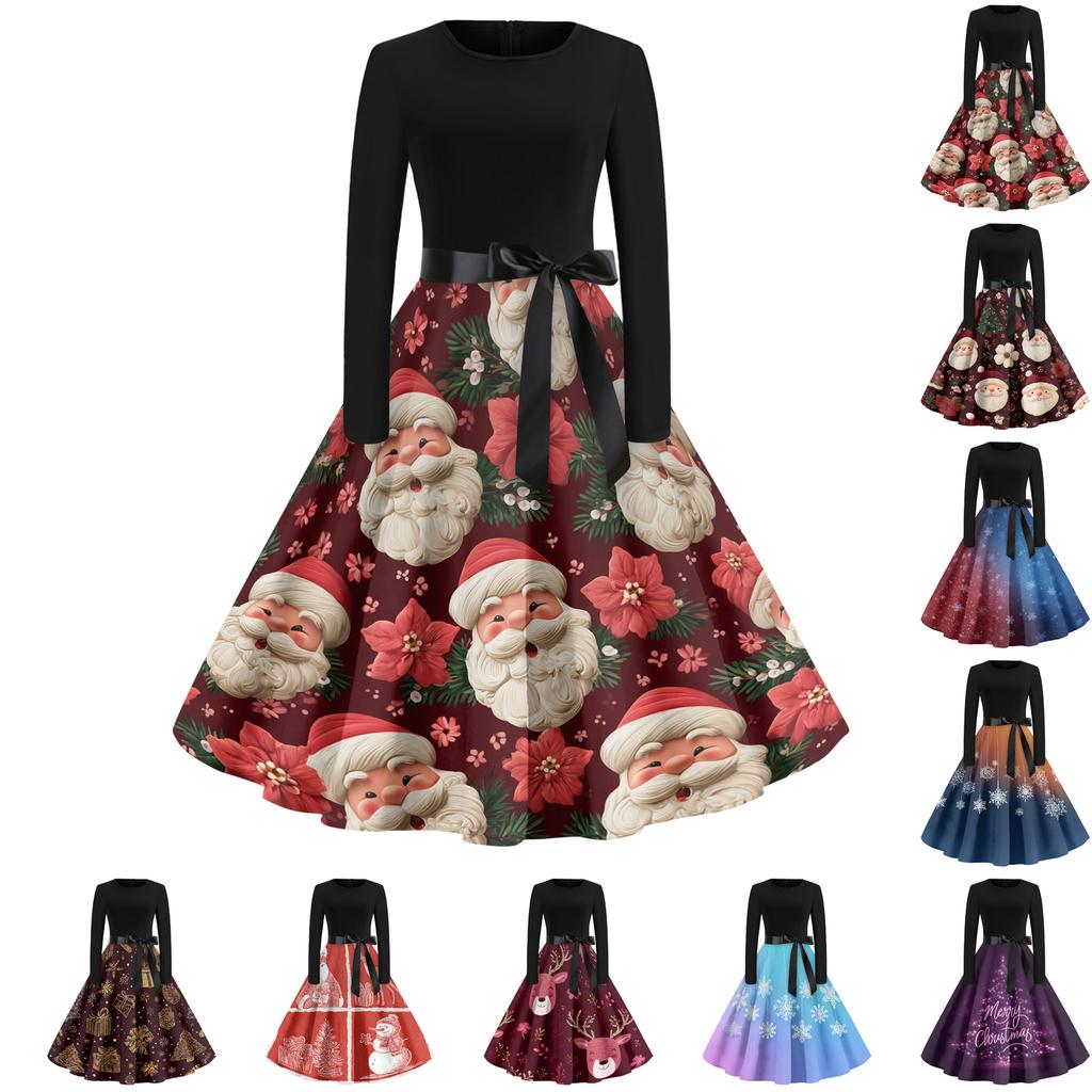 Women's Casual Fashion Round Neck Christmas Printed Vintage Dress