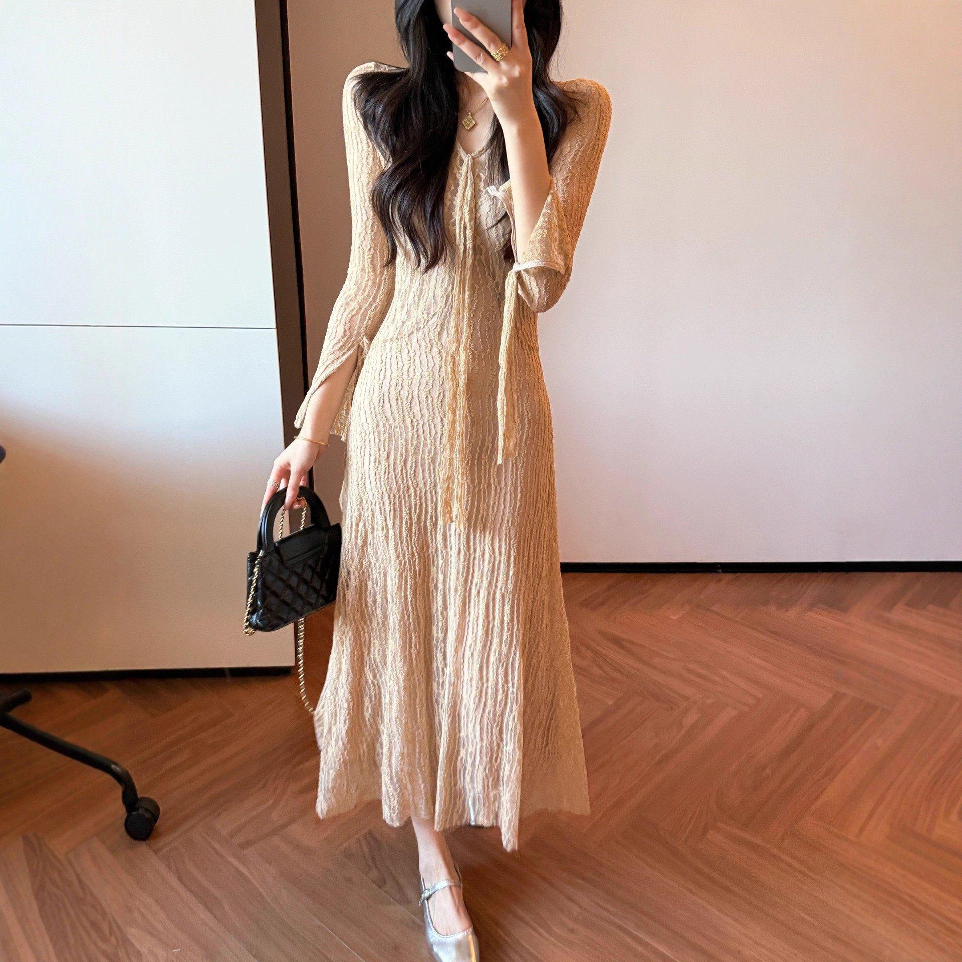 Elegant French V-Neck Long Sleeve Lace Dress - Women s Spring 2026 Collection S