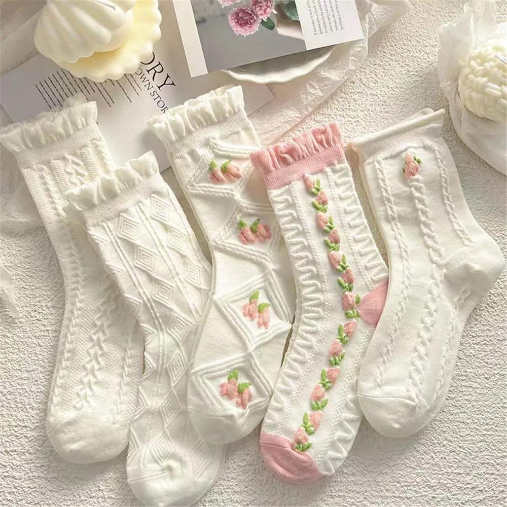 

5 Pairs Women White Pink Floral Pattern Socks Cute Sweet Versatile Fashionable Socks Comfortable Breathable Mid Length Socks EU 35-40