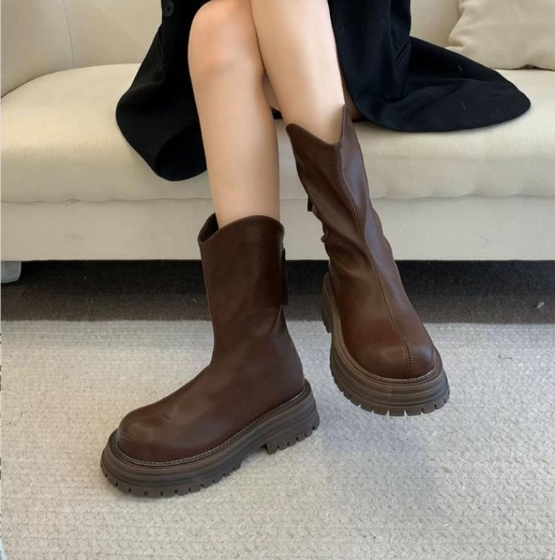Soft leather retro brown platform Martin boots women's autumn and winter new medium tube thin boots Chelsea boots short boots