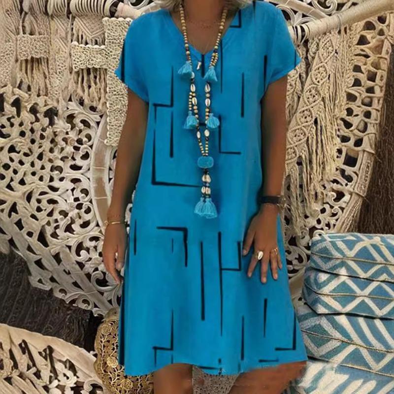 Spring Oversize  Print V-neck Short Sleeve Loose  Dresses Summer Elegant Casual Trendy Lady Clothes