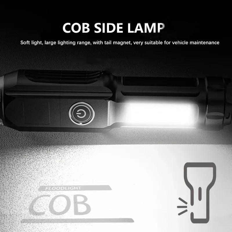 High Power Led Flashlight Super Bright Rechargeable Zoom Torch with COB Side Lights Outdoor Camping Night Fishing Lantern