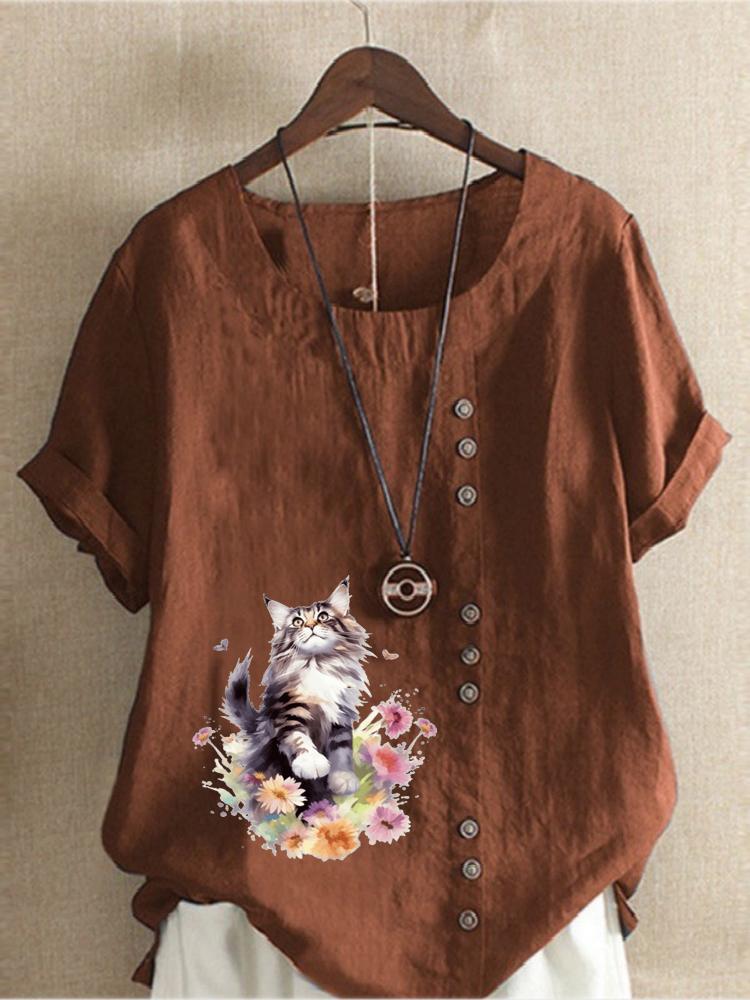 Women's Fashion Floral Cat Print Round Neck Short Sleeve T-shirt Casual Cotton Linen Graphic Shirt Leisure Loose Summer Blouse Tops