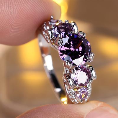 1 Pc Silvery Color Round Cut Purple Stone Ring Hollow Pattern Ring Wedding Band Valentine's Day Jewelry