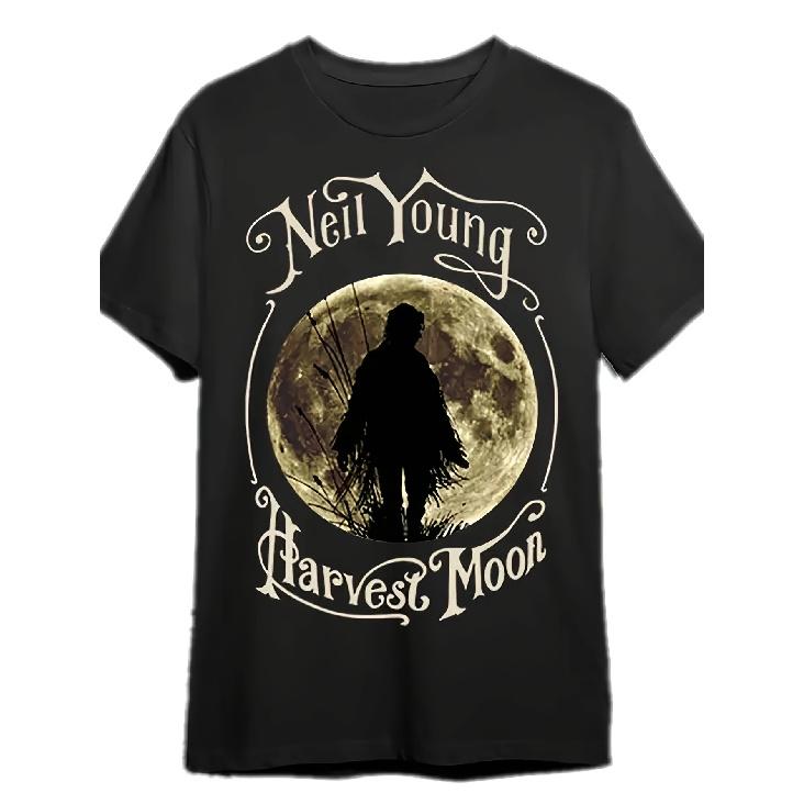 Men S Neil Young Harvest Moon Album T-Shirt - Vintage 1970s Country Rock Tee with Harvest Moon & Farmer Silhouette, Neil Young Signature Logo-Like S чёрный