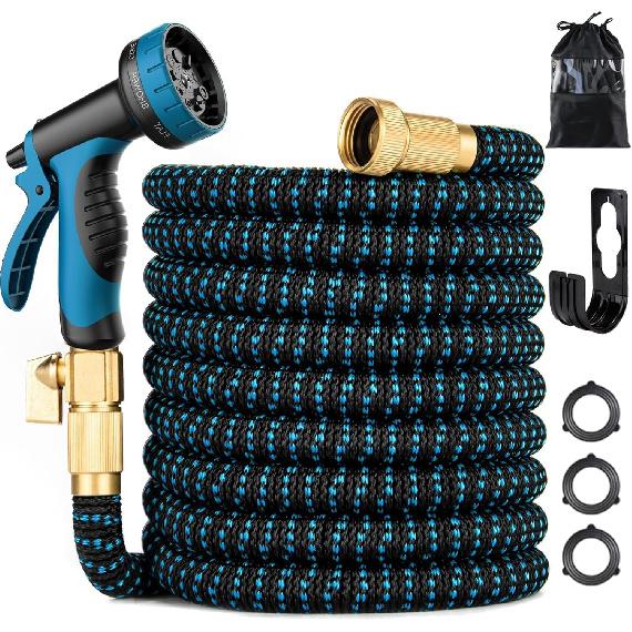 50FT/75Ft/100FT Expandable Garden Hose - Kink Free Flexible Water Hose 75ft with 10 Pattern Spray Nozzle, 3/4 Solid Brass Connectors 50FT синий