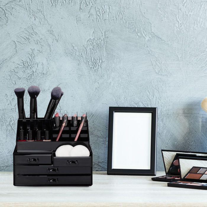 Relaxdays Organisateur cosmétiques 2 parties boîte rangement maquillage Make up 12 porte-crayons, noir