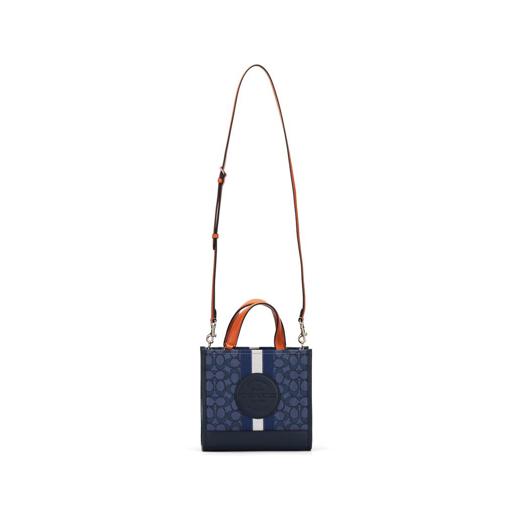 Coach Dempsey 22 Monogram Stripe Logo Accent Fabric And Leather Tote Bag Women Tote Bags Denim-Blue Hazelnut CQ878-IMXCY