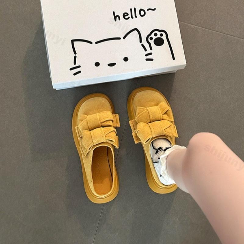 Fashion Elegant Bow Design Casual Thick Sole Half Slippers for Women 2025 Autumn New Versatile Comfortable Fashion Solid Chunky Draggers