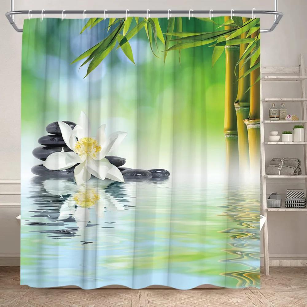 Zen Shower Curtain Landscape Green Bamboo River Lotus Stone Purple Orchid Plant Leaf Polyester Fabric Bathroom Decor Curtain
