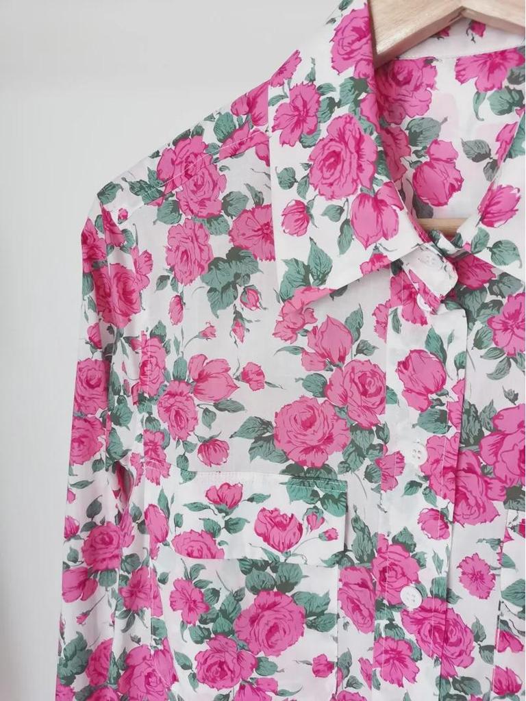Retro Caroline Rose Print Cotton Long Sleeve Women's Shirt with Double Pockets