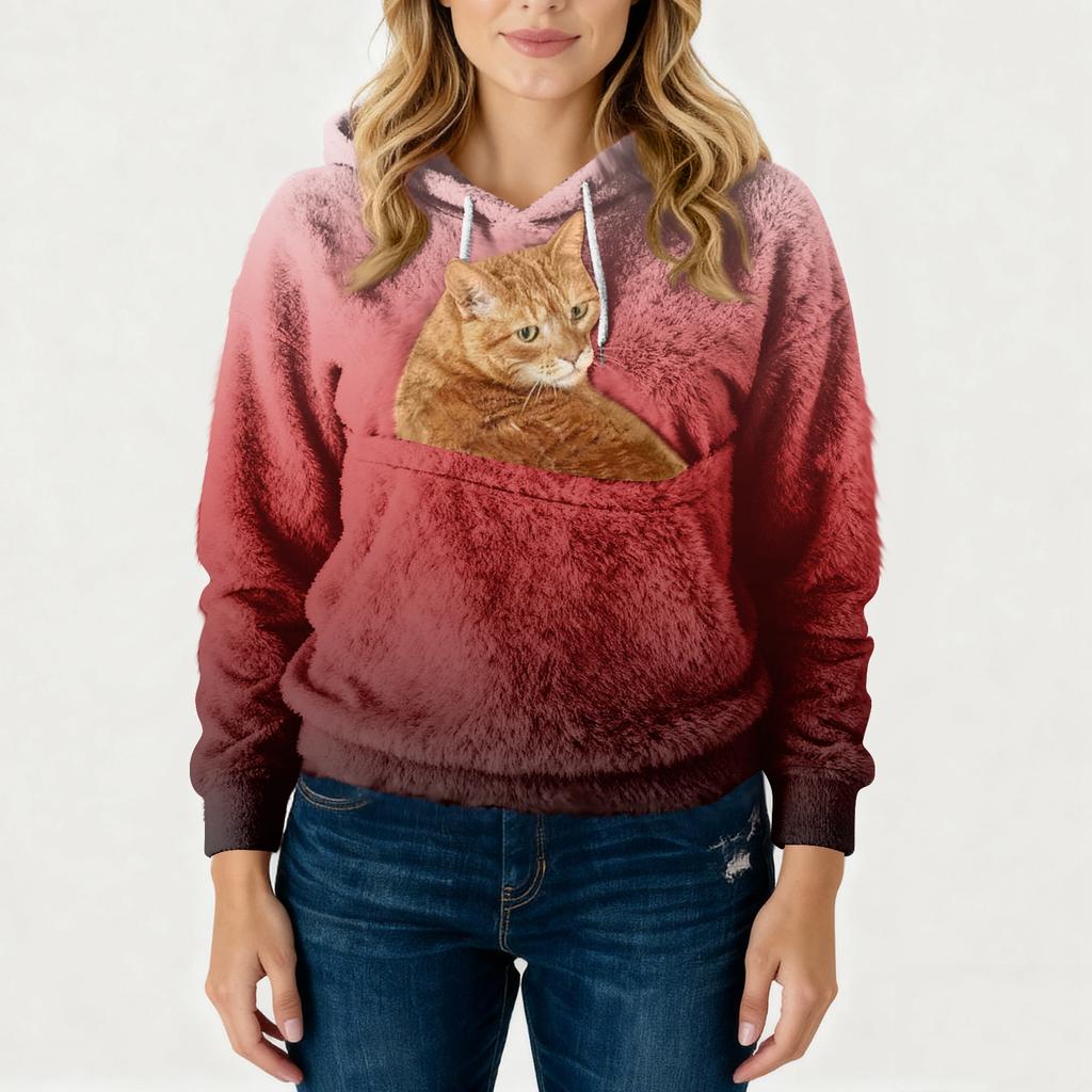 Damen Modisches Lässiges Fleecegefüttertes Langarm-Taschen-Kapuzen-Sweatshirt mit Aufdruck