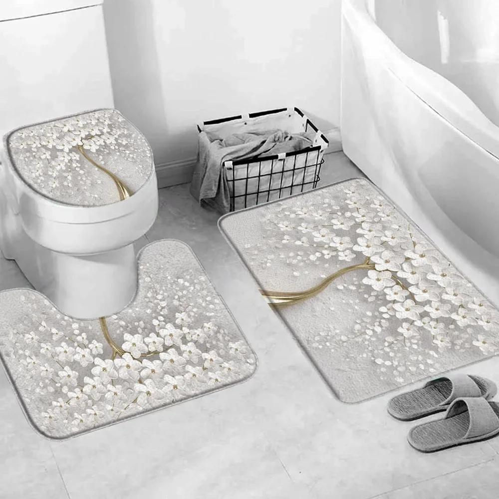 Elegant Bouquet Of Fantastic White Flowers 3D Style Shower Curtain Bathroom Curtain With Bath Rug Carpet Set Floral Home Decor