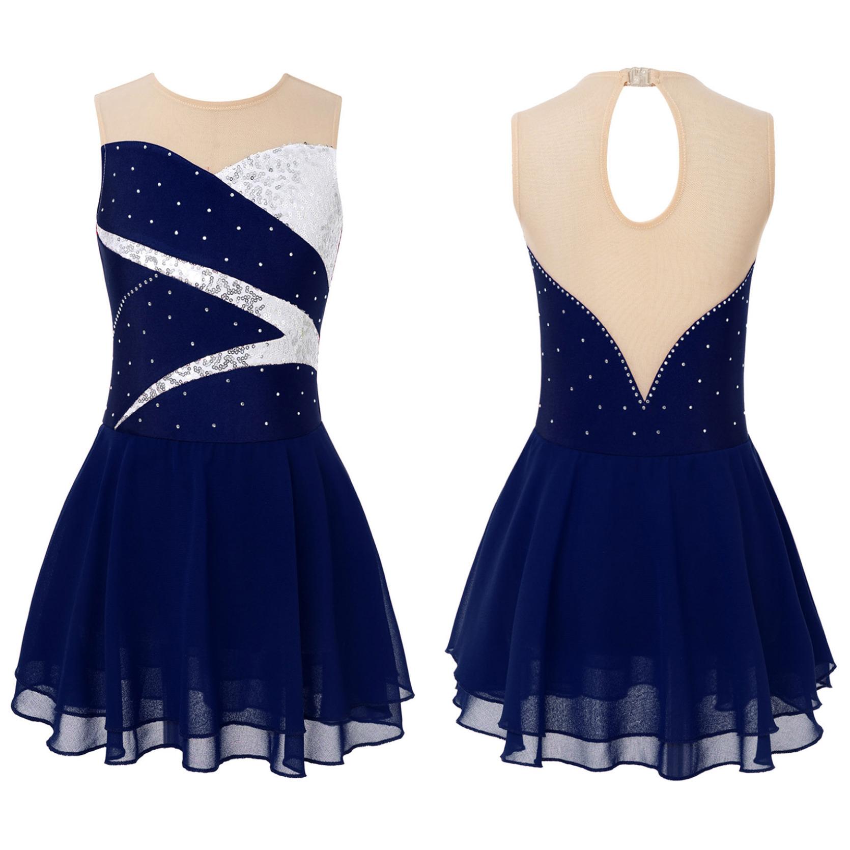 

Детская стильная танцевальная одежда для девочек без рукавов с блестками и стразами, лоскутные платья для катания на коньках 10-12 Years темно-синий