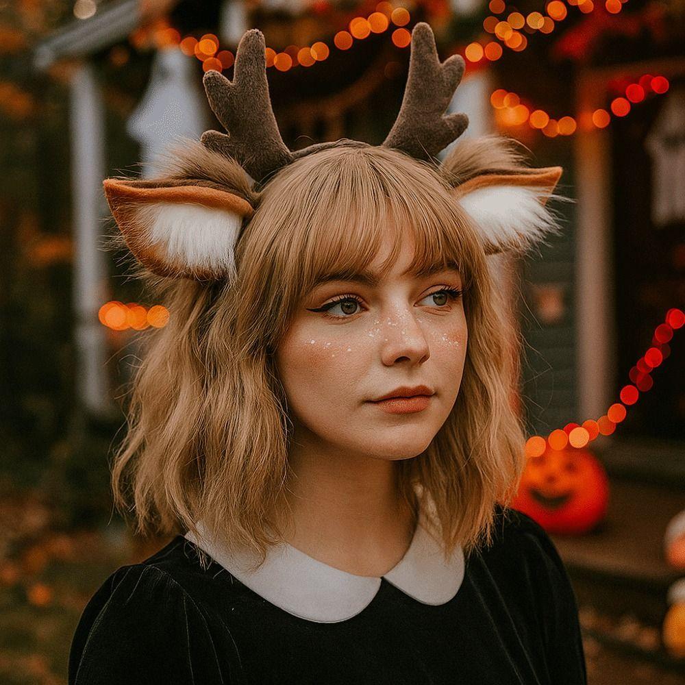 Party Headpiece Reindeer Antler Headband Plush Deer Ears Antler Hair Hoop Head Hoop  for Kids Adult