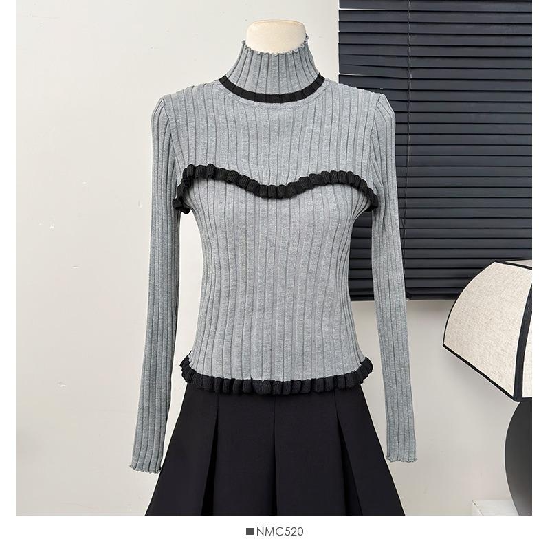 

Весна Осень Женщины Полувысокий воротник Длинные рукава Оборки Вязаный свитер Пуловер Топы One Size серый